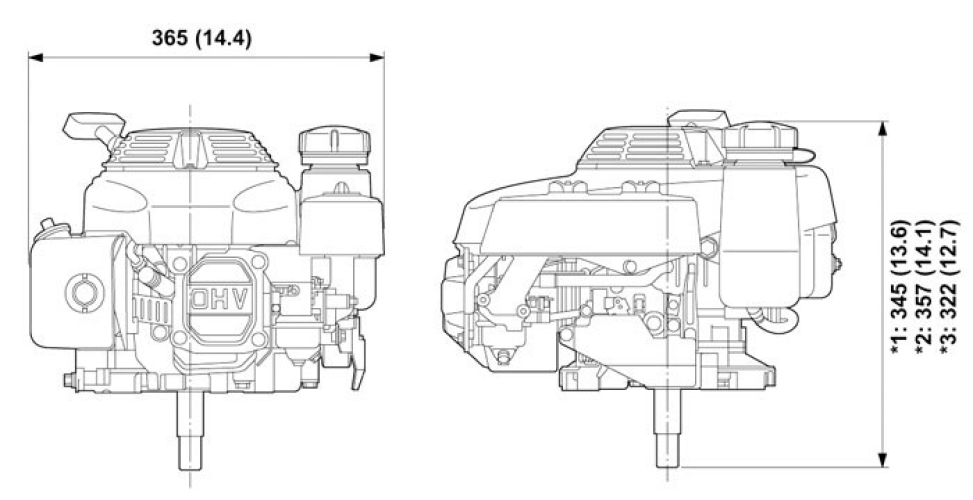 Front and side view of GXV160 engine, dimensions displayed for height and width