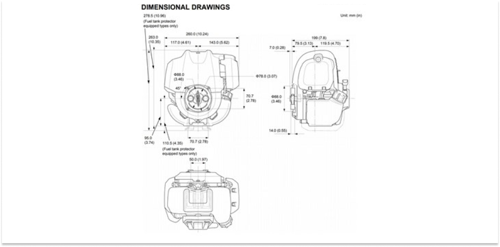 Front and side view of GX50 engine, dimensions displayed for height and width