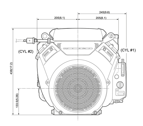 Vue avant et côté du moteur GX120, dimensions affichées pour la hauteur et la largeur