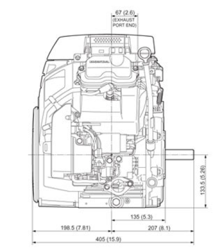 Front and side view of GX660 engine, dimensions displayed for height and width