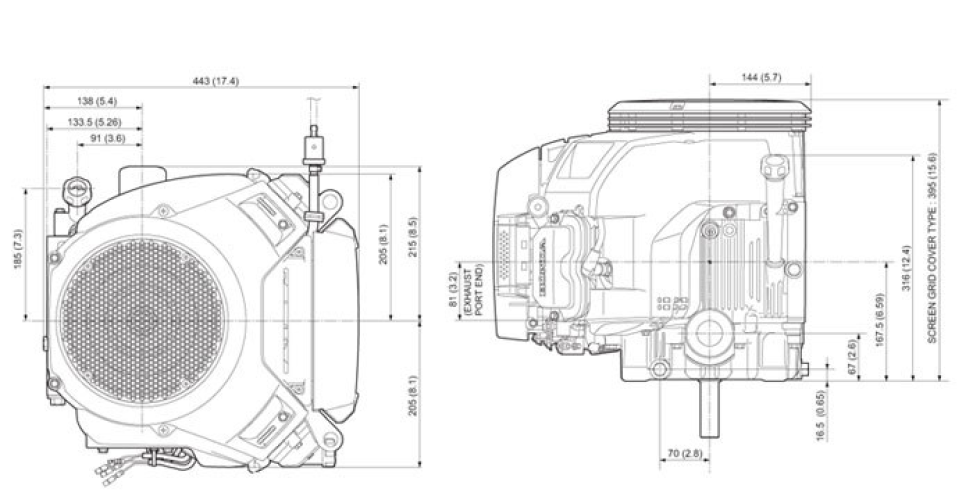 Front and side view of GXV660 engine, dimensions displayed for height and width