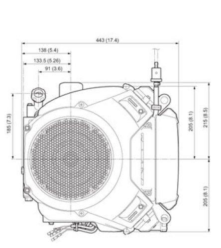 Front and side view of GXV660 engine, dimensions displayed for height and width