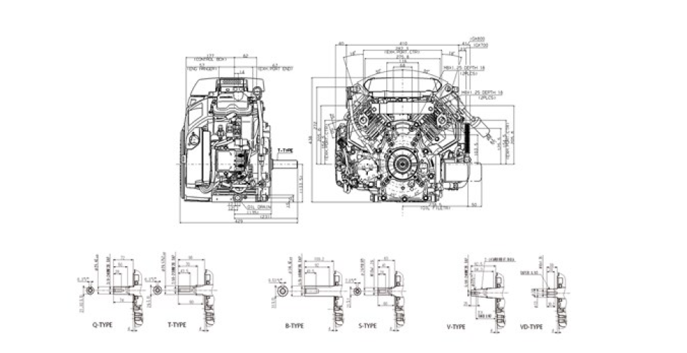 Front and side view of iGX800 engine, dimensions displayed for height and width